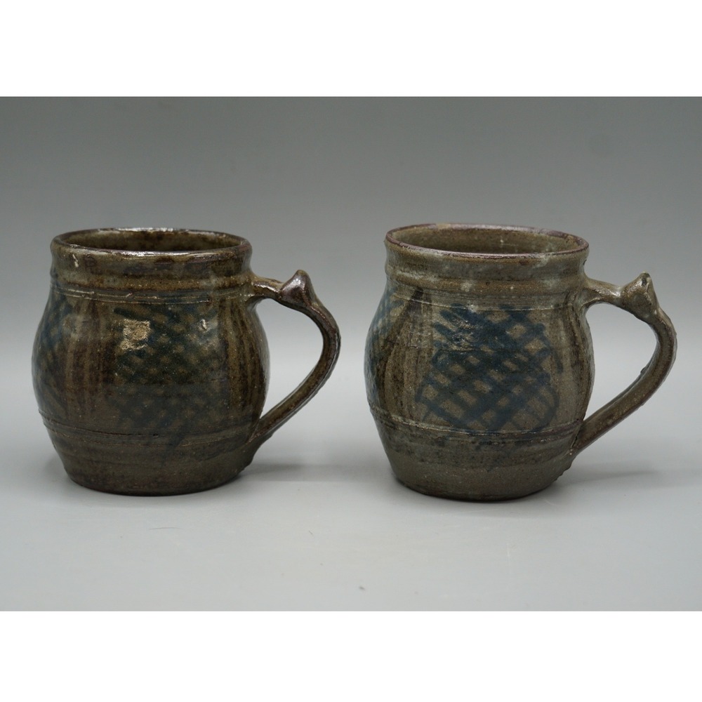 Pair Wood Fired Studio Pottery Mugs Cobalt Cross-Hatch Ash Glaze Stoneware